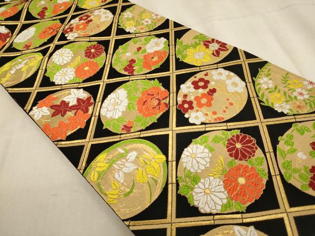 平和屋着物[]子供　全通柄袋帯　唐織　花丸文　黒地　金糸　三越扱い　正絹　逸品　AAAU5363ja