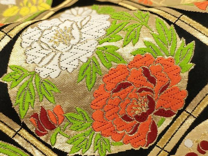 平和屋着物[]子供　全通柄袋帯　唐織　花丸文　黒地　金糸　三越扱い　正絹　逸品　AAAU5363ja