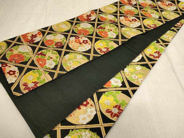 平和屋着物[]子供　全通柄袋帯　唐織　花丸文　黒地　金糸　三越扱い　正絹　逸品　AAAU5363ja