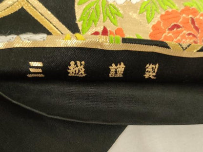 平和屋着物[]子供　全通柄袋帯　唐織　花丸文　黒地　金糸　三越扱い　正絹　逸品　AAAU5363ja