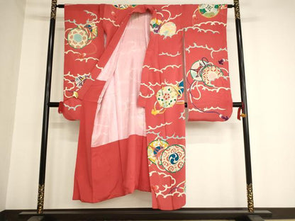 平和屋着物∵アンティーク 大正ロマン 女の子 十三参り 子供 祝着 友禅 鼓文 カラー胴裏：鴇色 正絹 逸品 AAAU5367ja
