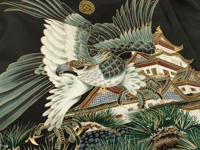 平和屋着物[]七五三　男の子　祝着・羽織・長襦袢・袴セット　5歳　鷹風景文　黒地　金彩　AAAU5371ja