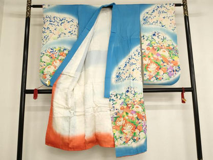 平和屋着物[]七五三　女の子　７歳　祝着　駒刺繍　花鳥文　雉　暈し染め　金彩　洗える着物　AAAU5385ja