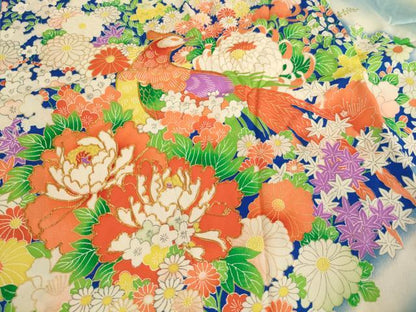 平和屋着物[]七五三　女の子　７歳　祝着　駒刺繍　花鳥文　雉　暈し染め　金彩　洗える着物　AAAU5385ja