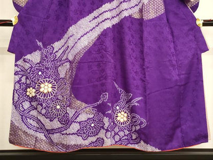 平和屋着物∵女の子 十三参り 子供 駒刺繍 絞り 草花文 金糸 正絹 逸品 AAAU5389ja