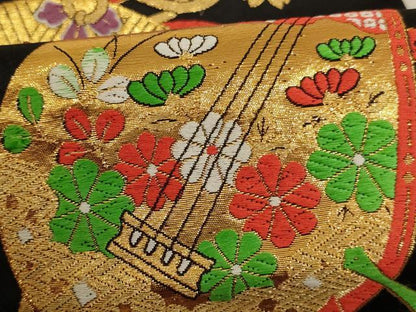 平和屋着物[]子供　全通柄袋帯　唐織　楽器文　黒地　金糸　正絹　逸品　AAAU5396ja