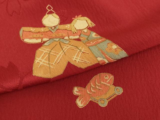 平和屋着物[]子供　女の子　長襦袢　無双仕立て　立ち雛玩具文　金彩　半衿刺繍　正絹　逸品　AAAU5400ja