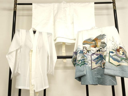平和屋着物[]七五三　男の子　5歳　祝着・羽織・長襦袢セット　刺繍　鷹風景文　暈し染め　金糸　金彩　洗える着物　AAAU5408ja