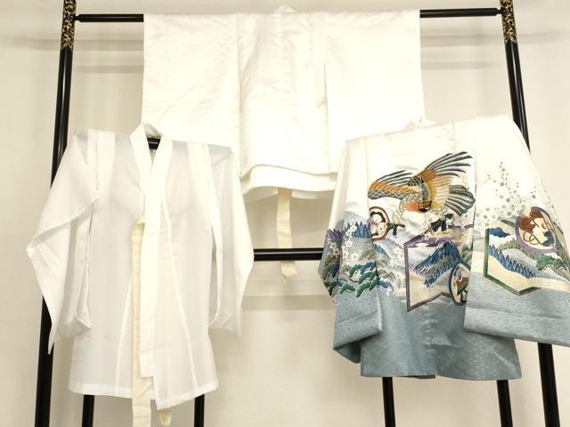 平和屋着物[]七五三　男の子　5歳　祝着・羽織・長襦袢セット　刺繍　鷹風景文　暈し染め　金糸　金彩　洗える着物　AAAU5408ja