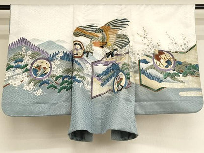 平和屋着物[]七五三　男の子　5歳　祝着・羽織・長襦袢セット　刺繍　鷹風景文　暈し染め　金糸　金彩　洗える着物　AAAU5408ja