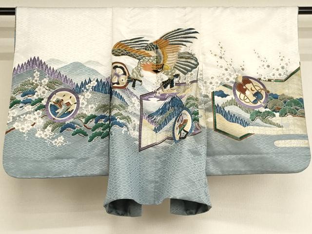 平和屋着物[]七五三　男の子　5歳　祝着・羽織・長襦袢セット　刺繍　鷹風景文　暈し染め　金糸　金彩　洗える着物　AAAU5408ja
