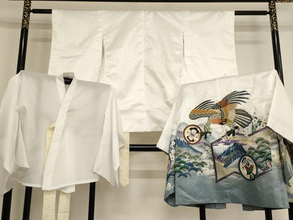 平和屋着物[]七五三　男の子　5歳　祝着・羽織・長襦袢セット　刺繍　鷹風景文　暈し染め　金糸　金彩　洗える着物　AAAU5409ja