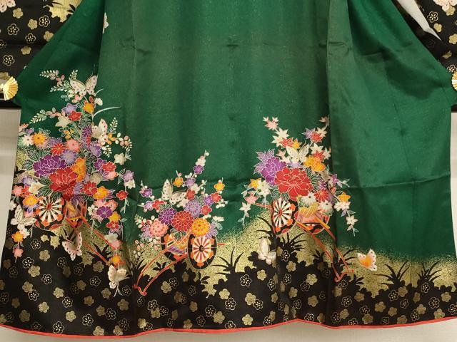 平和屋着物[]七五三　女の子　７歳　祝着　四つ身　花車舞蝶文　金銀彩　金通し地　洗える着物　AAAU5414ja