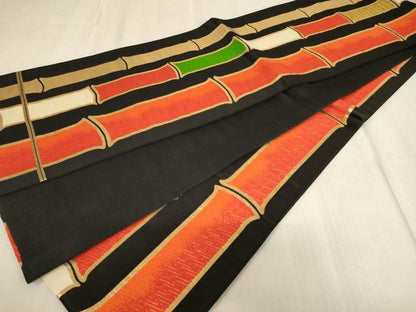 平和屋着物[]子供　全通柄袋帯　唐織　竹間道　黒地　金糸　正絹　逸品　AAAU5453ja