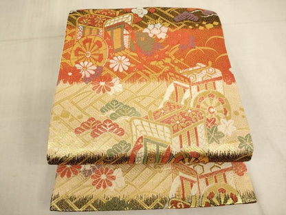 平和屋着物[]佐賀錦　子供　全通柄袋帯　御所車花文　金糸　正絹　逸品　AAAU5457ja