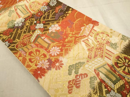 平和屋着物[]佐賀錦　子供　全通柄袋帯　御所車花文　金糸　正絹　逸品　AAAU5457ja