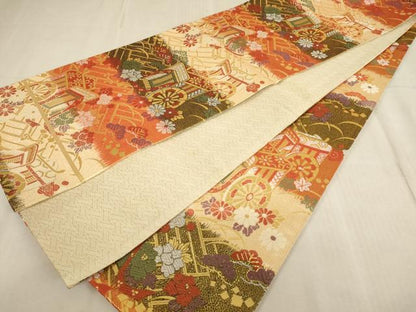 平和屋着物[]佐賀錦　子供　全通柄袋帯　御所車花文　金糸　正絹　逸品　AAAU5457ja