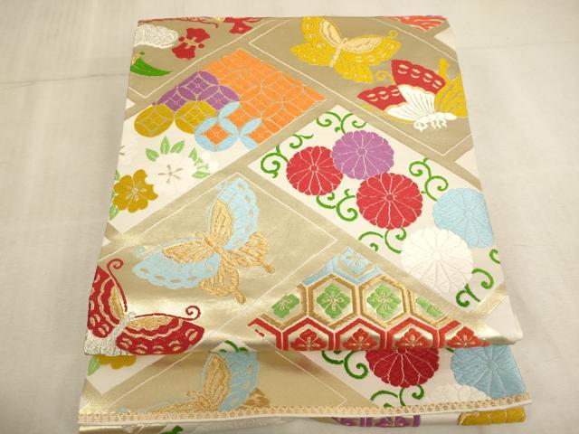 平和屋着物[]子供　全通柄袋帯　唐織　籠目花蝶文　金糸　正絹　逸品　AAAU5458ja