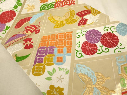 平和屋着物[]子供　全通柄袋帯　唐織　籠目花蝶文　金糸　正絹　逸品　AAAU5458ja
