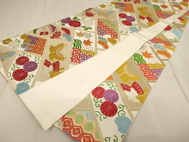 平和屋着物[]子供　全通柄袋帯　唐織　籠目花蝶文　金糸　正絹　逸品　AAAU5458ja