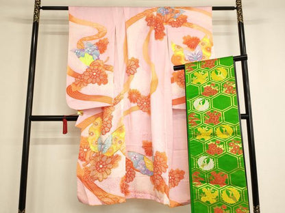 平和屋着物[]七五三　女の子　７歳　祝着　四つ身　袋帯セット　駒刺繍　花蝶文　暈し染め　鬼しぼ縮緬　AAAU5486ja