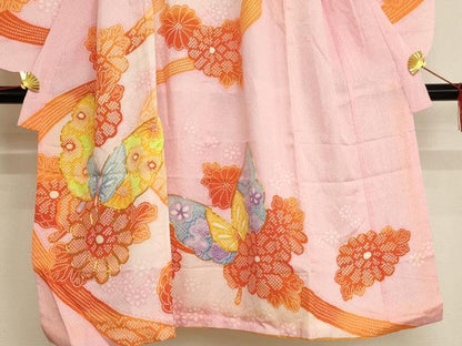 平和屋着物[]七五三　女の子　７歳　祝着　四つ身　袋帯セット　駒刺繍　花蝶文　暈し染め　鬼しぼ縮緬　AAAU5486ja