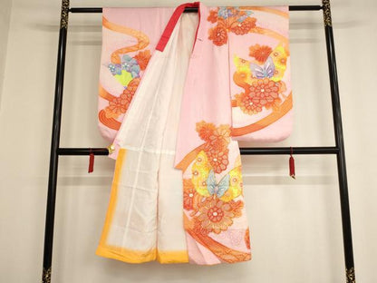 平和屋着物[]七五三　女の子　７歳　祝着　四つ身　袋帯セット　駒刺繍　花蝶文　暈し染め　鬼しぼ縮緬　AAAU5486ja