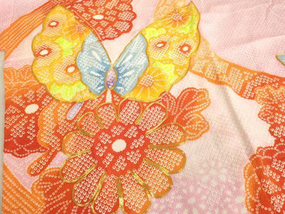 平和屋着物[]七五三　女の子　７歳　祝着　四つ身　袋帯セット　駒刺繍　花蝶文　暈し染め　鬼しぼ縮緬　AAAU5486ja