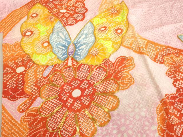 平和屋着物[]七五三　女の子　７歳　祝着　四つ身　袋帯セット　駒刺繍　花蝶文　暈し染め　鬼しぼ縮緬　AAAU5486ja