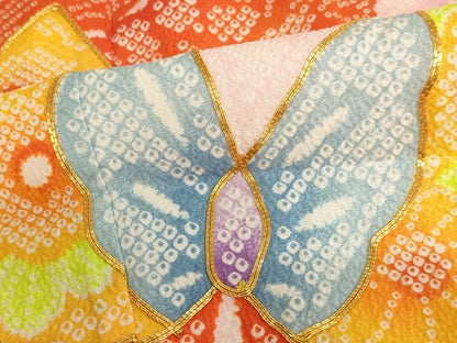 平和屋着物[]七五三　女の子　７歳　祝着　四つ身　袋帯セット　駒刺繍　花蝶文　暈し染め　鬼しぼ縮緬　AAAU5486ja