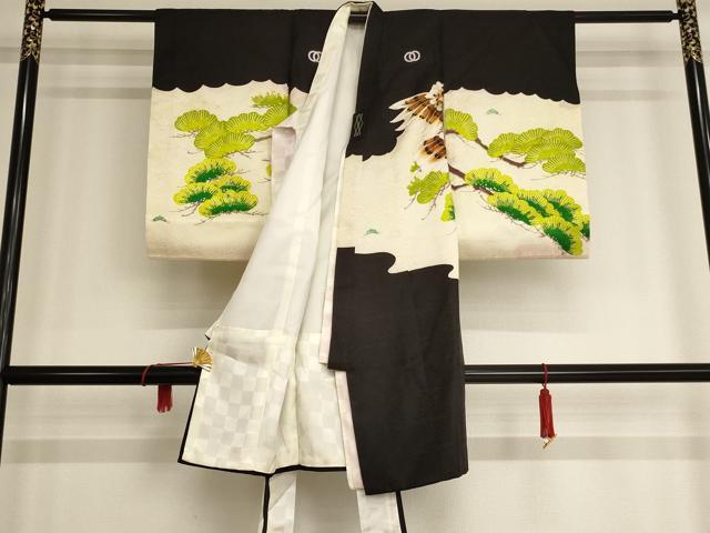平和屋着物[]お宮参り　男の子　祝着　産着　初着　のしめ　刺繍　鷹松文　金糸　金彩　洗える着物　AAAU5492ja