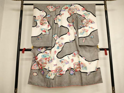 平和屋着物[]七五三　女の子　７歳　祝着　四つ身　扇面鈴花文　黒地　金彩　正絹　逸品　AAAU5520ja