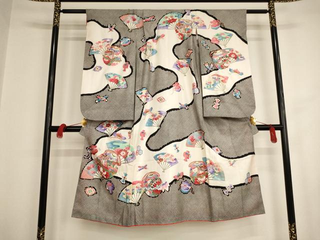 平和屋着物[]七五三　女の子　７歳　祝着　四つ身　扇面鈴花文　黒地　金彩　正絹　逸品　AAAU5520ja