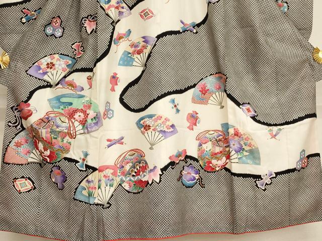 平和屋着物[]七五三　女の子　７歳　祝着　四つ身　扇面鈴花文　黒地　金彩　正絹　逸品　AAAU5520ja