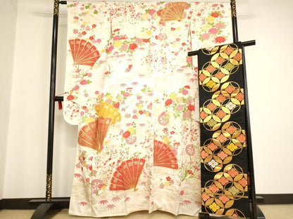 平和屋着物∵女の子 十三参り 子供 祝着・袋帯セット 駒刺繍 檜扇源氏車花文 金彩 逸品 AAAU5543ja
