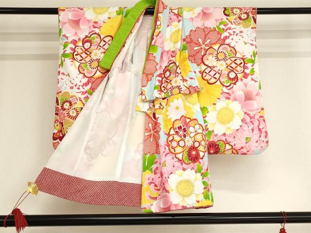 平和屋着物[]七五三　女の子　３歳　祝着　三つ身　長襦袢・被布セット　舞花文　金彩　式部ロマン　洗える着物　AAAU5593ja