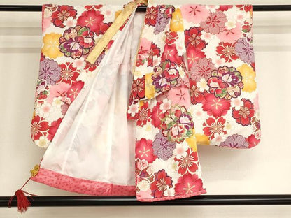 平和屋着物[]七五三　女の子　３歳　祝着　三つ身　長襦袢セット　刺繍　舞桜文　金糸　金彩　AAAU5601ja