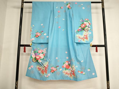 平和屋着物[]七五三　女の子　７歳　祝着　四つ身　花車舞蝶文　暈し染め　金彩　AAAU5703ja