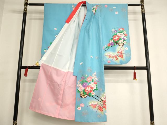 平和屋着物[]七五三　女の子　７歳　祝着　四つ身　花車舞蝶文　暈し染め　金彩　AAAU5703ja