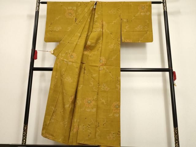 平和屋着物▽上質な紬 単衣 枝花文 正絹 逸品 AAAU6422iu