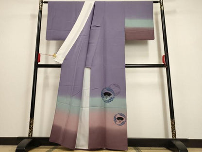 平和屋着物▽訪問着　単衣　扇面花丸文　暈し染め　さが美扱い　正絹　逸品　AAAU6425iu