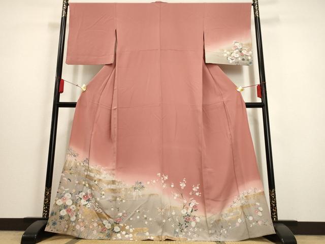 平和屋着物▽訪問着　単衣　エ霞草花文　暈し染め　金銀彩　正絹　逸品　AAAU6429iu