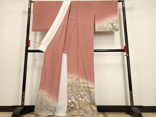 平和屋着物▽訪問着　単衣　エ霞草花文　暈し染め　金銀彩　正絹　逸品　AAAU6429iu