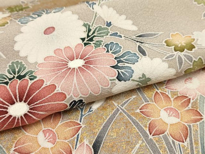 平和屋着物▽訪問着　単衣　エ霞草花文　暈し染め　金銀彩　正絹　逸品　AAAU6429iu