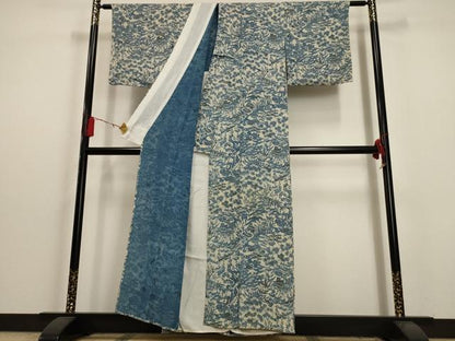 平和屋着物▽本場阿波藍染　角田智造　本藍型絵染　小紋　単衣　貝桶草花文　正絹　逸品　AAAU6431iu