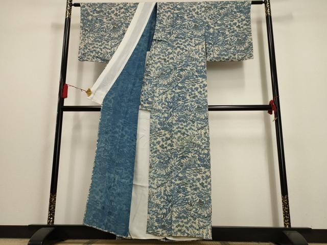 平和屋着物▽本場阿波藍染　角田智造　本藍型絵染　小紋　単衣　貝桶草花文　正絹　逸品　AAAU6431iu
