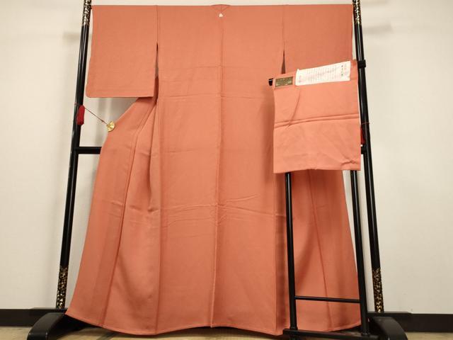 平和屋着物▽上質な色無地 単衣 煉瓦色 本草木染 反端付き 正絹 逸品 AAAU6441iu