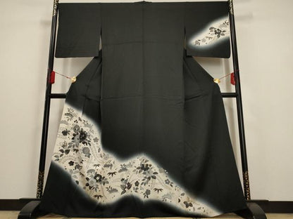 平和屋着物▽訪問着　単衣　辻が花　暈し染め　黒地　金彩　正絹　逸品　AAAU6449iu