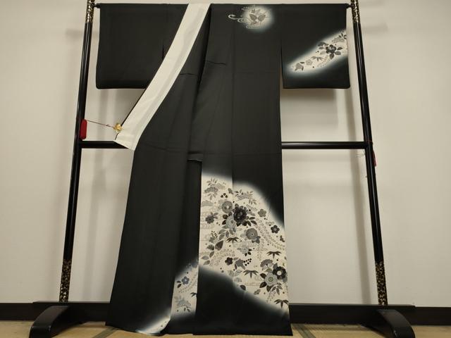 平和屋着物▽訪問着　単衣　辻が花　暈し染め　黒地　金彩　正絹　逸品　AAAU6449iu