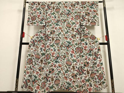 平和屋着物▽上質な小紋 単衣 更紗花蝶文 鬼しぼ縮緬 正絹 逸品 AAAU6451iu